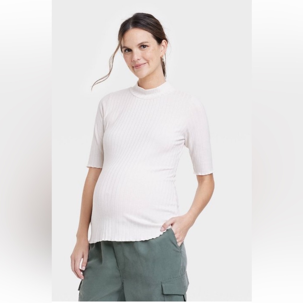 The Nines by HATCH - Maternity Elbow Sleeve Mock Turtleneck - Ivory - Size M